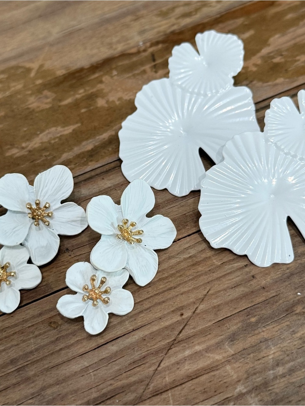 White Floral Statement Earrings with Gold Accents - Women Accessories